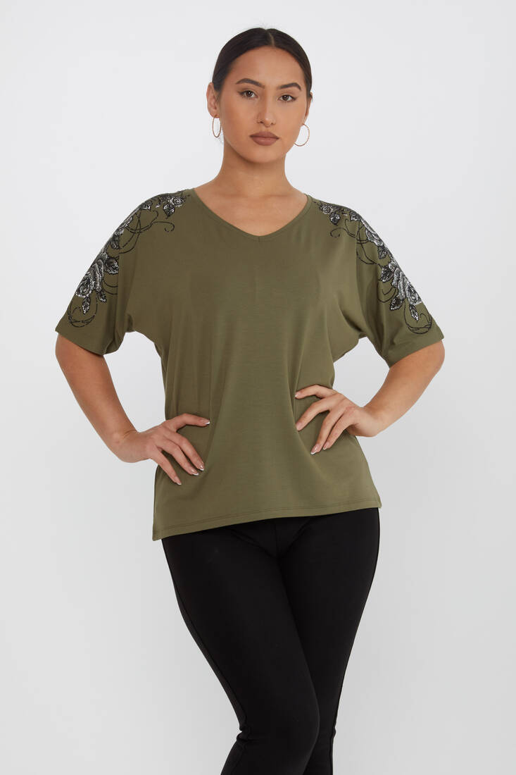 Women's Blouse Flower Stone Detail Short Sleeve Khaki - 80101 | KAZEE