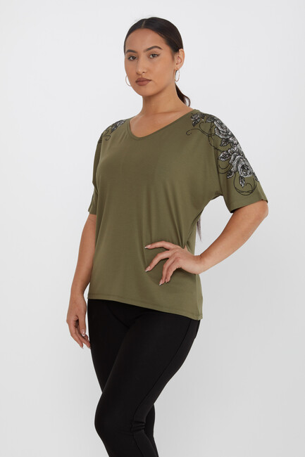 Women's Blouse Flower Stone Detail Short Sleeve Khaki - 80101 | KAZEE - Thumbnail