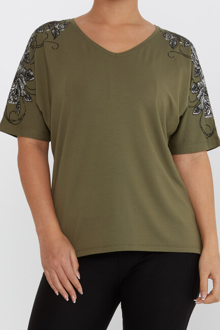 Women's Blouse Flower Stone Detail Short Sleeve Khaki - 80101 | KAZEE - Thumbnail