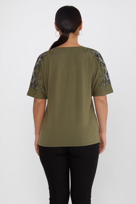 Women's Blouse Flower Stone Detail Short Sleeve Khaki - 80101 | KAZEE - Thumbnail