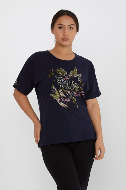 Women's Blouse Flower Stone Detail Short Sleeve Navy Blue - 80108 | KAZEE - Thumbnail