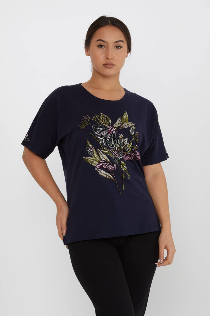 Women's Blouse Flower Stone Detail Short Sleeve Navy Blue - 80108 | KAZEE