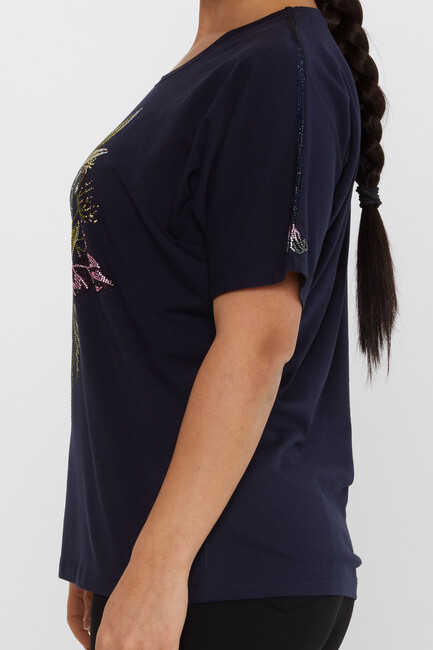 Women's Blouse Flower Stone Detail Short Sleeve Navy Blue - 80108 | KAZEE - Thumbnail