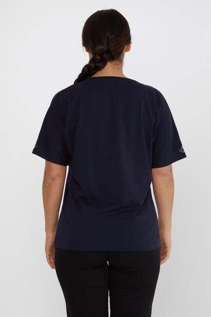 Women's Blouse Flower Stone Detail Short Sleeve Navy Blue - 80108 | KAZEE - Thumbnail