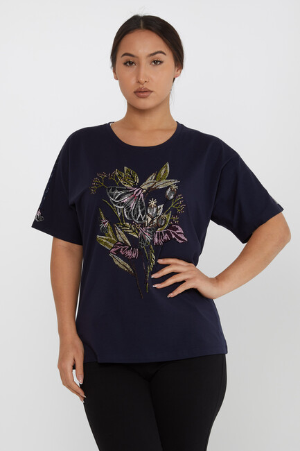 Women's Blouse Flower Stone Detail Short Sleeve Navy Blue - 80108 | KAZEE - Thumbnail