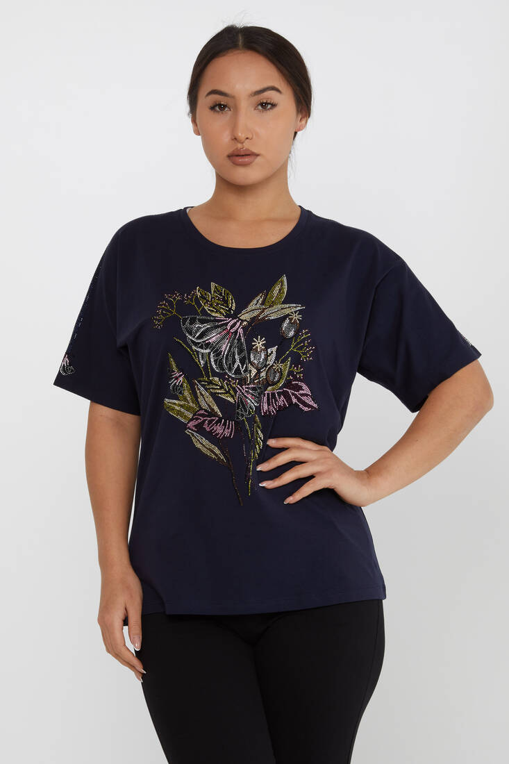 Women's Blouse Flower Stone Detail Short Sleeve Navy Blue - 80108 | KAZEE