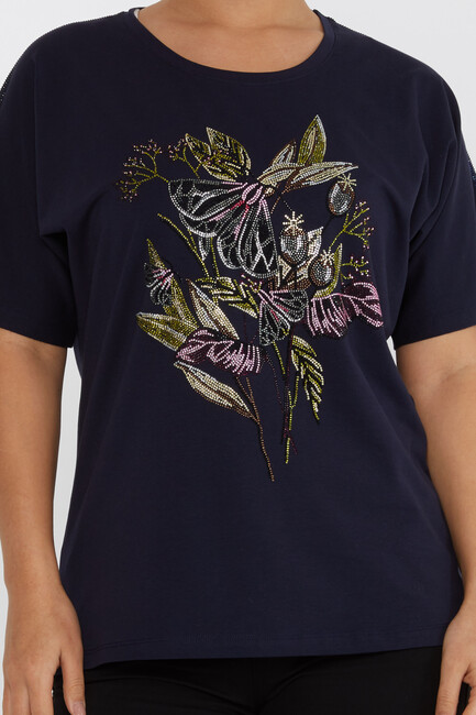 Women's Blouse Flower Stone Detail Short Sleeve Navy Blue - 80108 | KAZEE - Thumbnail