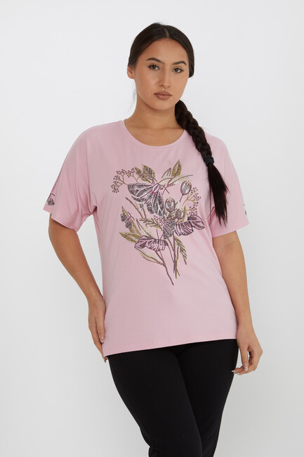 Women's Blouse Flower Stone Detail Short Sleeve Pink - 80108 | KAZEE - Thumbnail