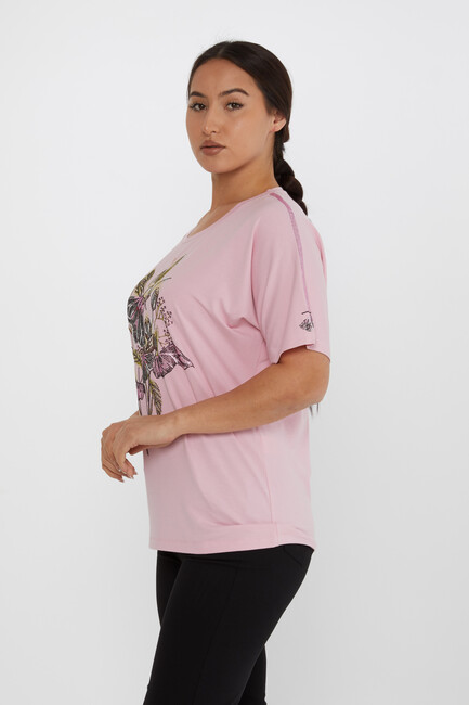 Women's Blouse Flower Stone Detail Short Sleeve Pink - 80108 | KAZEE - Thumbnail