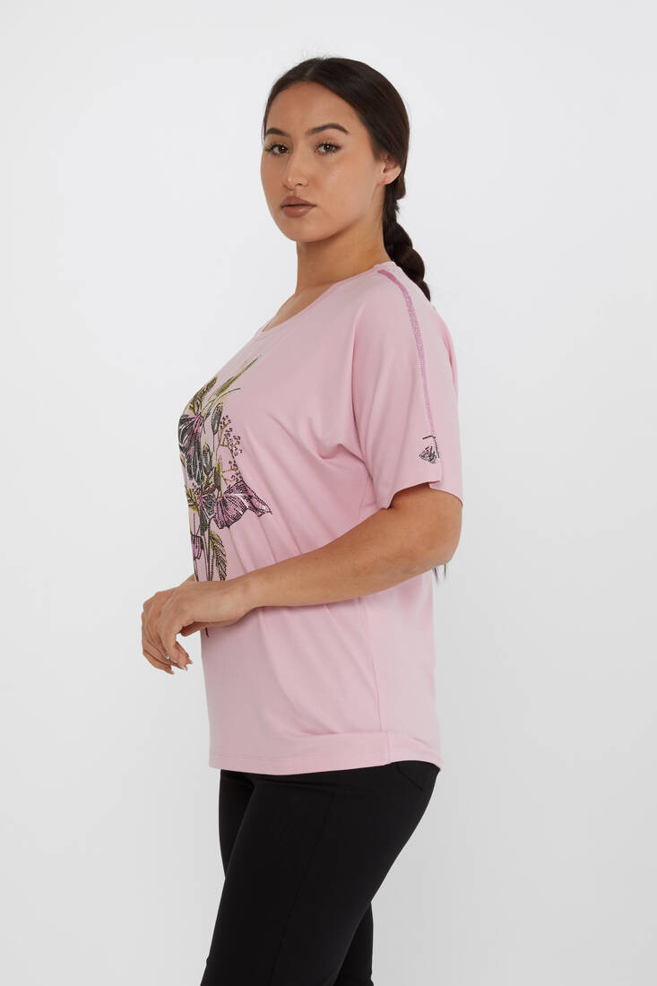 Women's Blouse Flower Stone Detail Short Sleeve Pink - 80108 | KAZEE