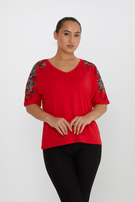 Women's Blouse Flower Stone Detail Short Sleeve Red - 80101 | KAZEE - Thumbnail