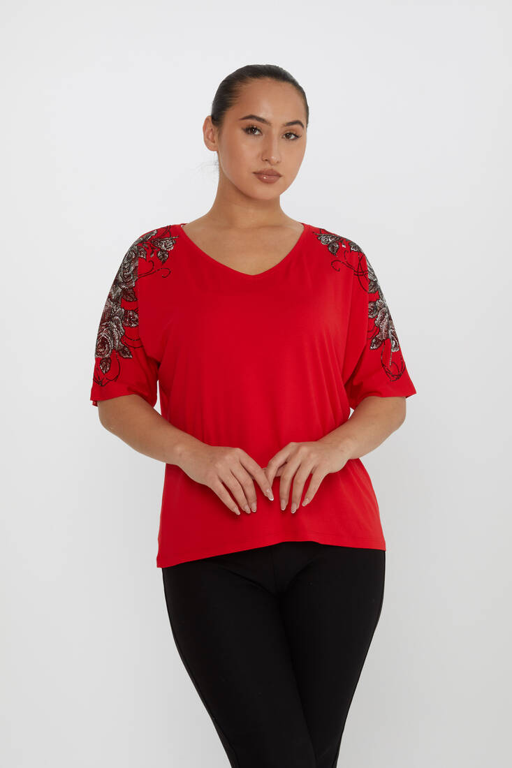 Women's Blouse Flower Stone Detail Short Sleeve Red - 80101 | KAZEE