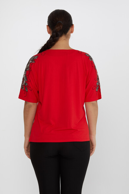 Women's Blouse Flower Stone Detail Short Sleeve Red - 80101 | KAZEE - Thumbnail