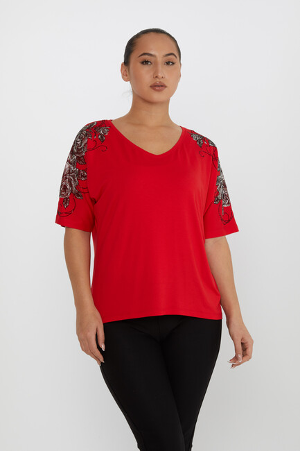 Women's Blouse Flower Stone Detail Short Sleeve Red - 80101 | KAZEE - Thumbnail