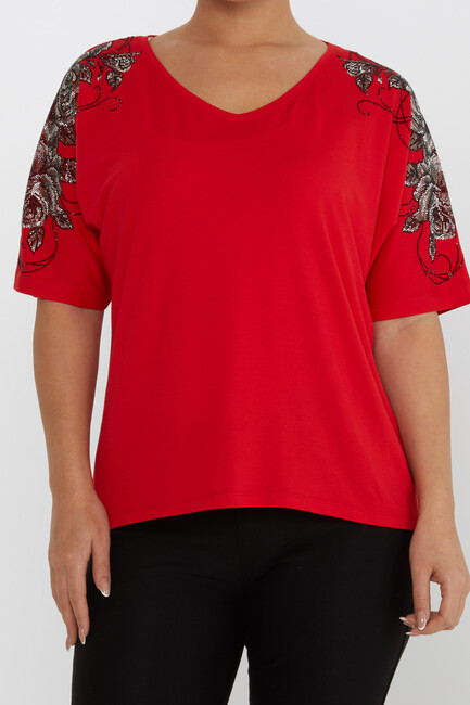 Women's Blouse Flower Stone Detail Short Sleeve Red - 80101 | KAZEE - Thumbnail