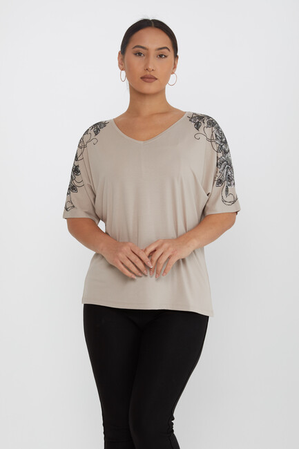 Women's Blouse Flower Stone Detailed Short Sleeve Mink - 80101 | KAZEE - Thumbnail