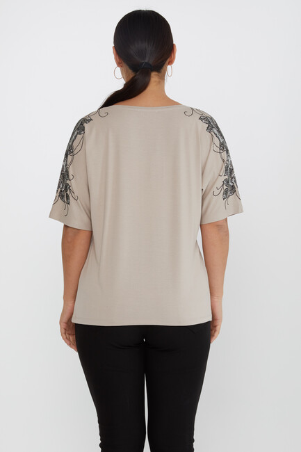 Women's Blouse Flower Stone Detailed Short Sleeve Mink - 80101 | KAZEE - Thumbnail