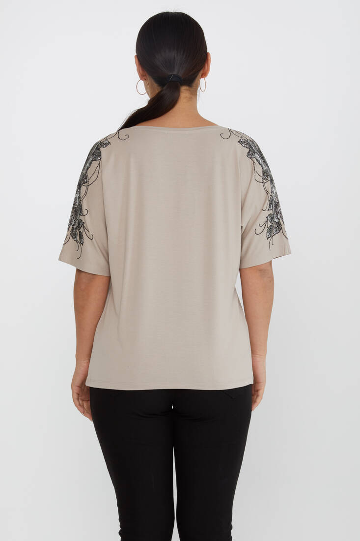 Women's Blouse Flower Stone Detailed Short Sleeve Mink - 80101 | KAZEE