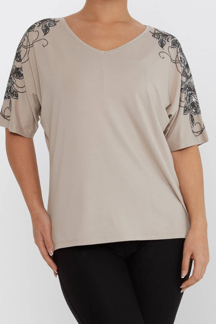 Women's Blouse Flower Stone Detailed Short Sleeve Mink - 80101 | KAZEE