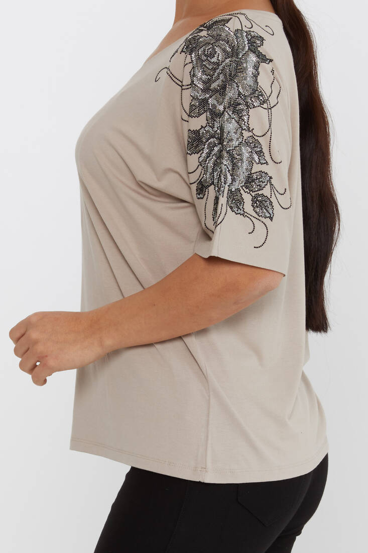 Women's Blouse Flower Stone Detailed Short Sleeve Mink - 80101 | KAZEE