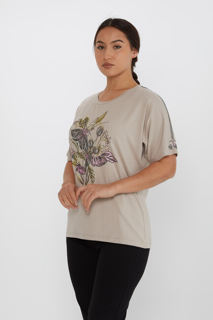 Women's Blouse Flower Stone Detailed Short Sleeve Mink - 80108 | KAZEE - Thumbnail