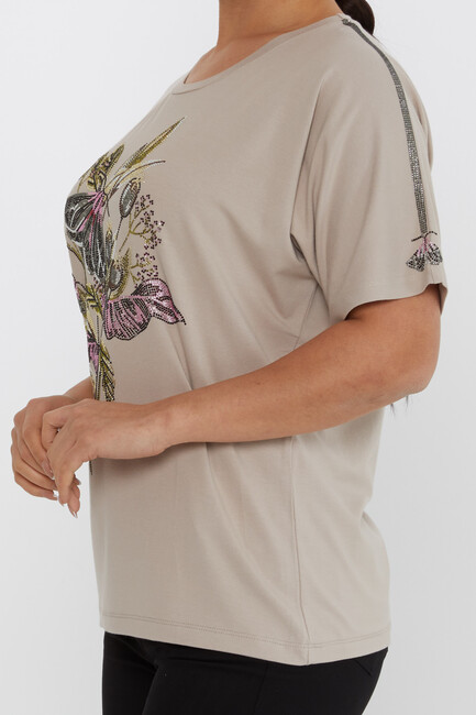 Women's Blouse Flower Stone Detailed Short Sleeve Mink - 80108 | KAZEE - Thumbnail