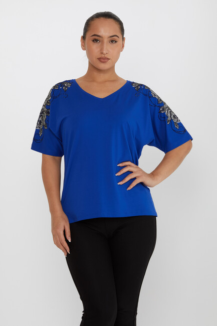 Women's Blouse Flower Stone Detail Short Sleeve Saxe - 80101 | KAZEE - Thumbnail