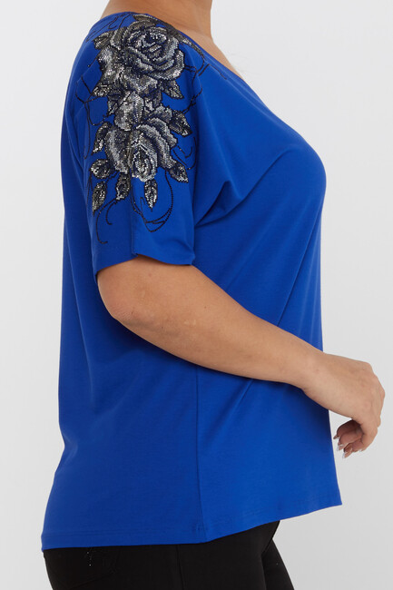 Women's Blouse Flower Stone Detail Short Sleeve Saxe - 80101 | KAZEE - Thumbnail