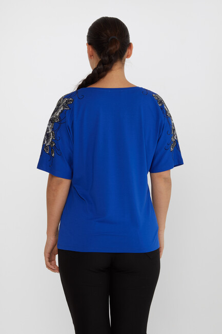 Women's Blouse Flower Stone Detail Short Sleeve Saxe - 80101 | KAZEE - Thumbnail