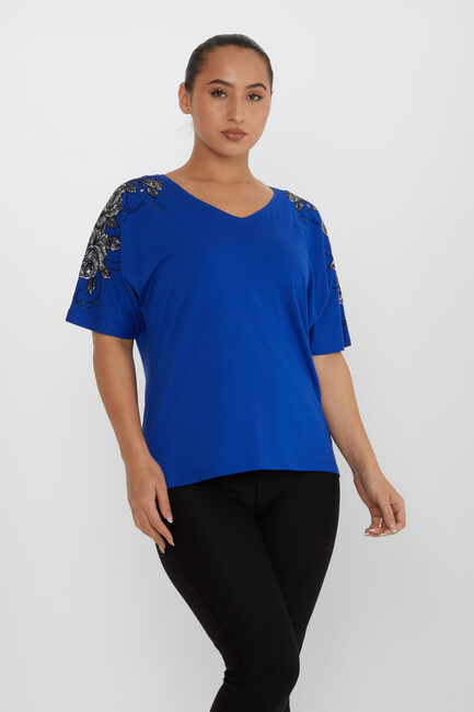 Women's Blouse Flower Stone Detail Short Sleeve Saxe - 80101 | KAZEE - Thumbnail