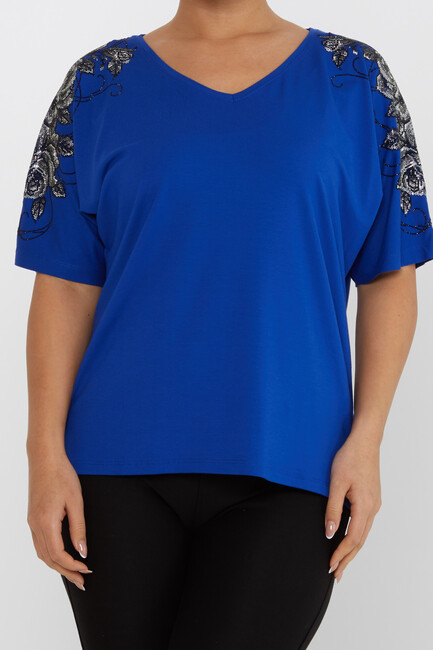 Women's Blouse Flower Stone Detail Short Sleeve Saxe - 80101 | KAZEE - Thumbnail