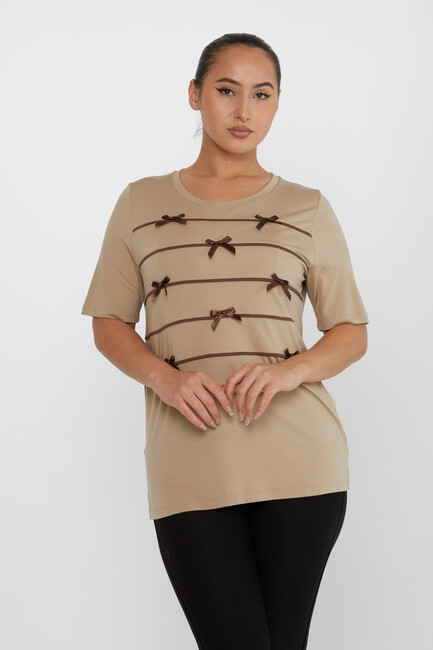 Women's Blouse Ribbon Detail Short Sleeve Beige - 80050 | KAZEE - Thumbnail