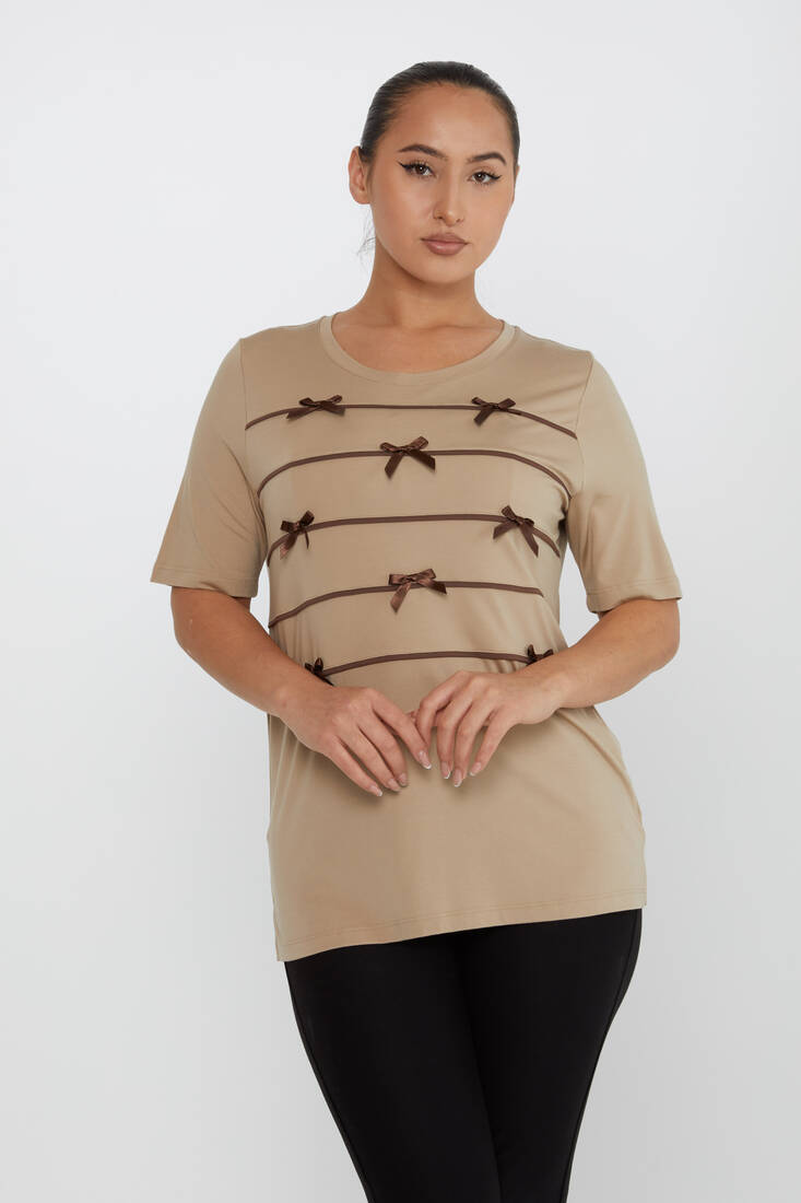 Women's Blouse Ribbon Detail Short Sleeve Beige - 80050 | KAZEE