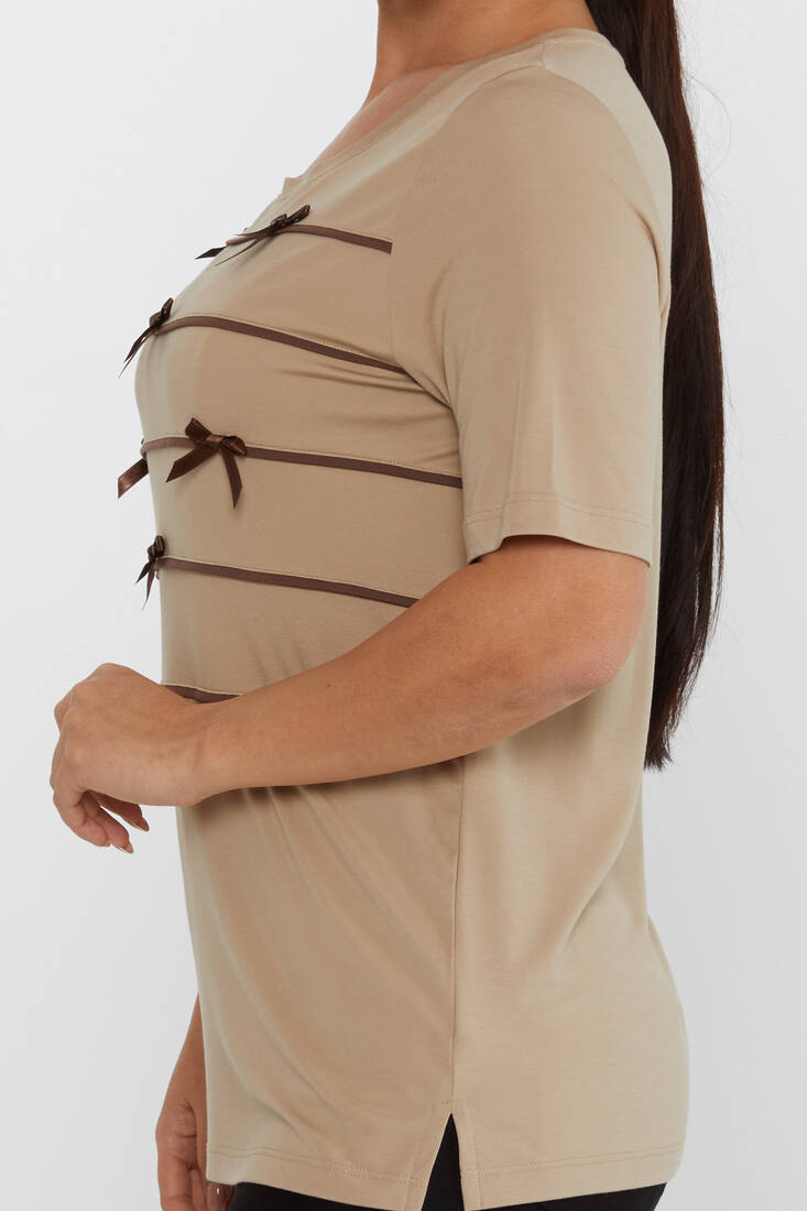 Women's Blouse Ribbon Detail Short Sleeve Beige - 80050 | KAZEE