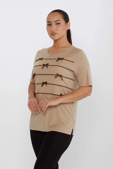 Women's Blouse Ribbon Detail Short Sleeve Beige - 80050 | KAZEE - Thumbnail