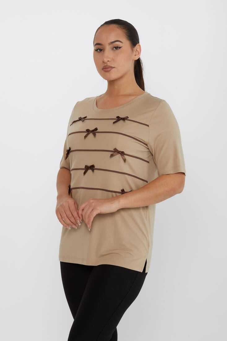 Women's Blouse Ribbon Detail Short Sleeve Beige - 80050 | KAZEE