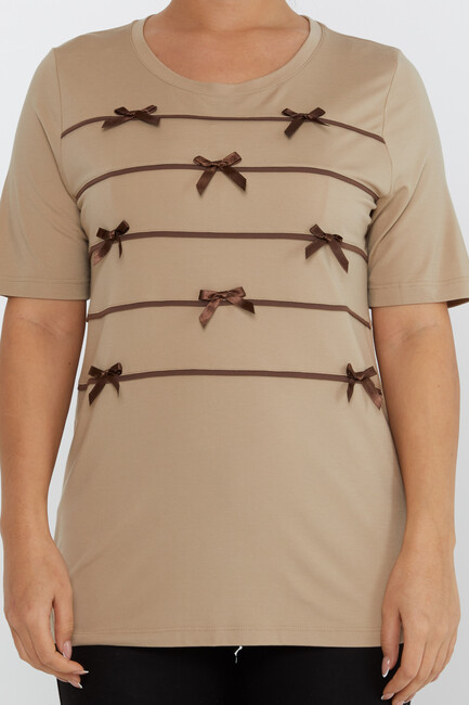 Women's Blouse Ribbon Detail Short Sleeve Beige - 80050 | KAZEE - Thumbnail