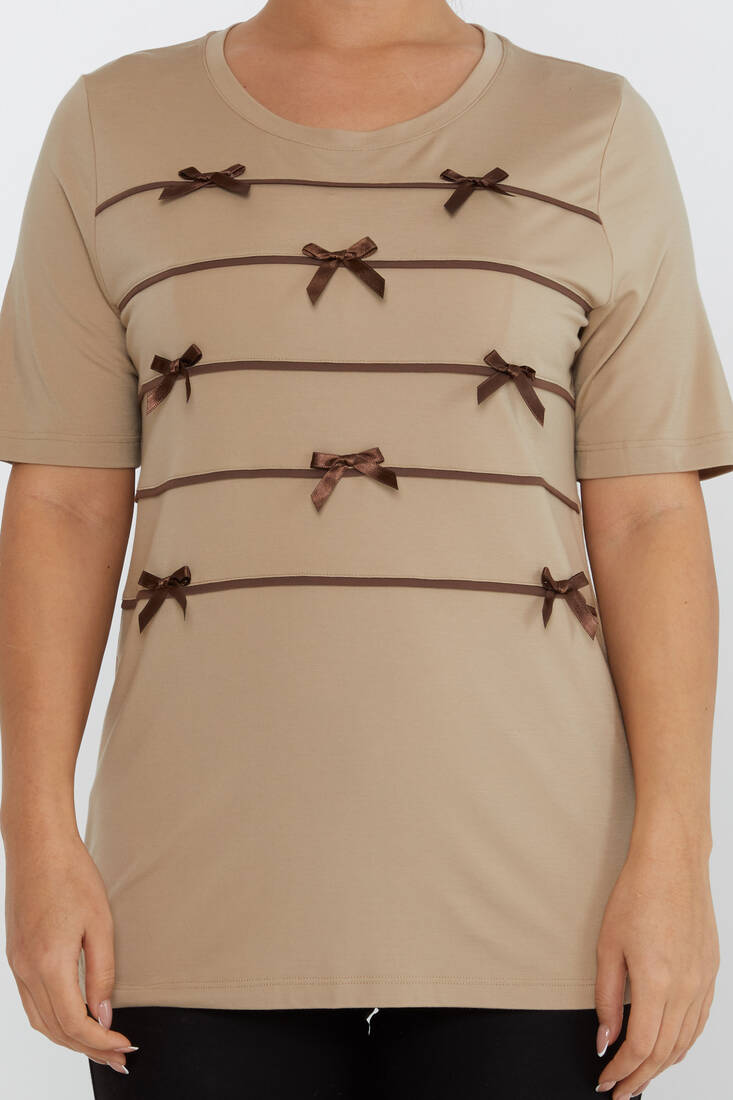 Women's Blouse Ribbon Detail Short Sleeve Beige - 80050 | KAZEE