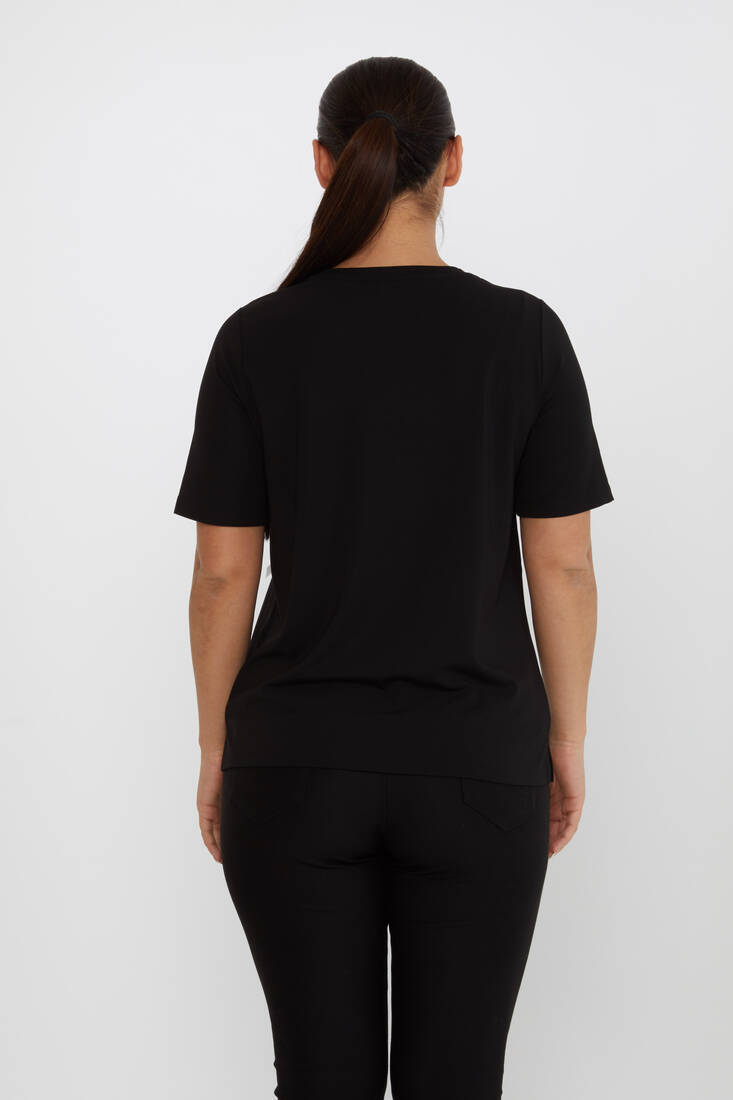 Women's Blouse Ribbon Detail Short Sleeve Black - 80050 | KAZEE