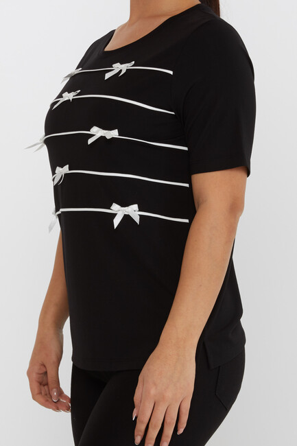 Women's Blouse Ribbon Detail Short Sleeve Black - 80050 | KAZEE - Thumbnail