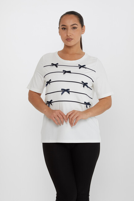 Women's Blouse Ribbon Detail Short Sleeve Ecru - 80050 | KAZEE - Thumbnail