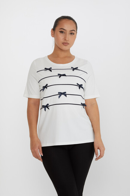 Women's Blouse Ribbon Detail Short Sleeve Ecru - 80050 | KAZEE - Thumbnail