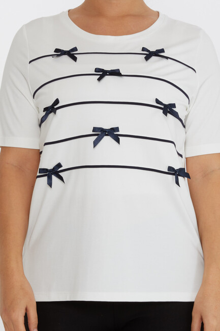 Women's Blouse Ribbon Detail Short Sleeve Ecru - 80050 | KAZEE - Thumbnail