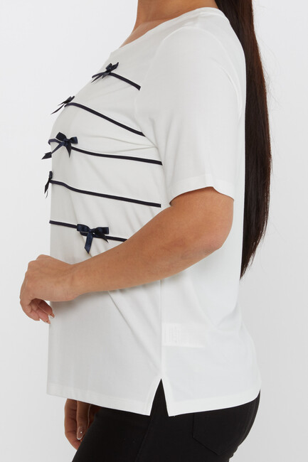 Women's Blouse Ribbon Detail Short Sleeve Ecru - 80050 | KAZEE - Thumbnail