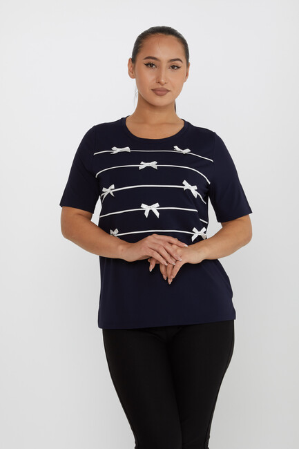 Women's Blouse Ribbon Detail Short Sleeve Navy Blue - 80050 | KAZEE - Thumbnail