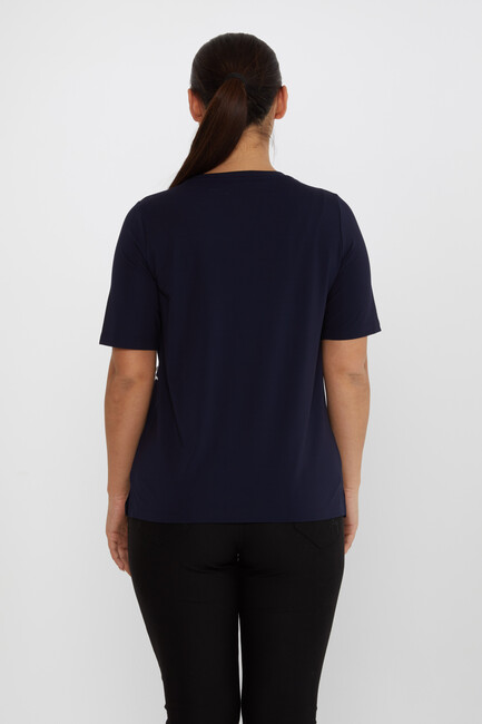 Women's Blouse Ribbon Detail Short Sleeve Navy Blue - 80050 | KAZEE - Thumbnail