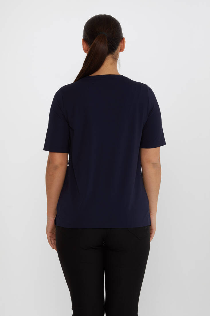 Women's Blouse Ribbon Detail Short Sleeve Navy Blue - 80050 | KAZEE