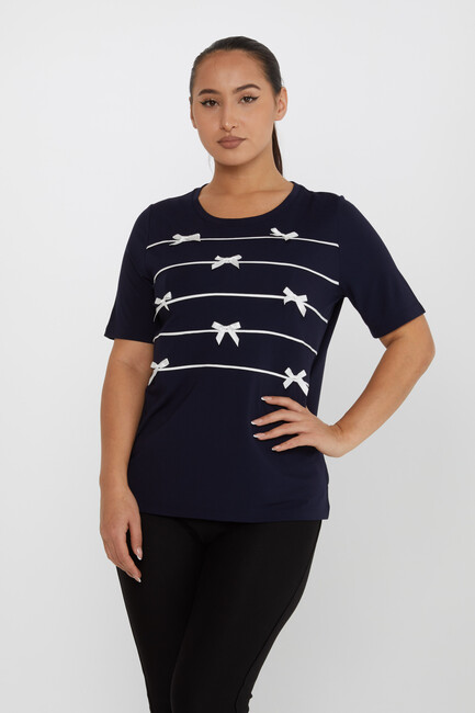 Women's Blouse Ribbon Detail Short Sleeve Navy Blue - 80050 | KAZEE - Thumbnail