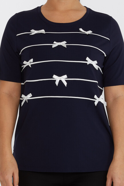 Women's Blouse Ribbon Detail Short Sleeve Navy Blue - 80050 | KAZEE - Thumbnail