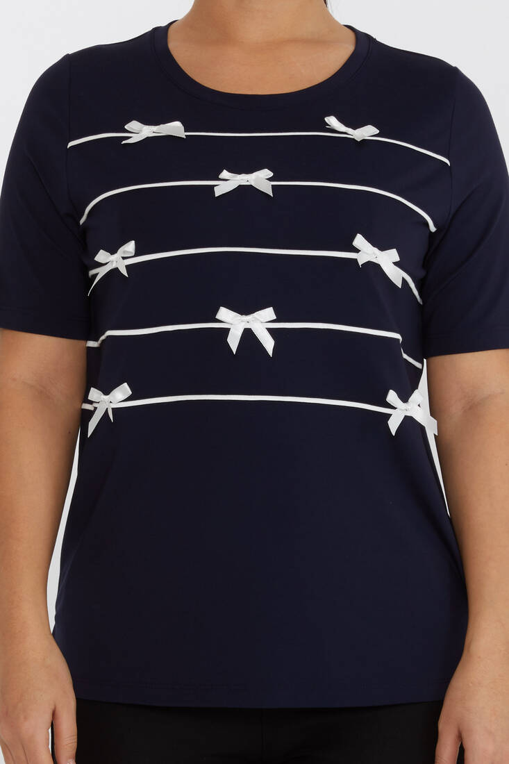 Women's Blouse Ribbon Detail Short Sleeve Navy Blue - 80050 | KAZEE